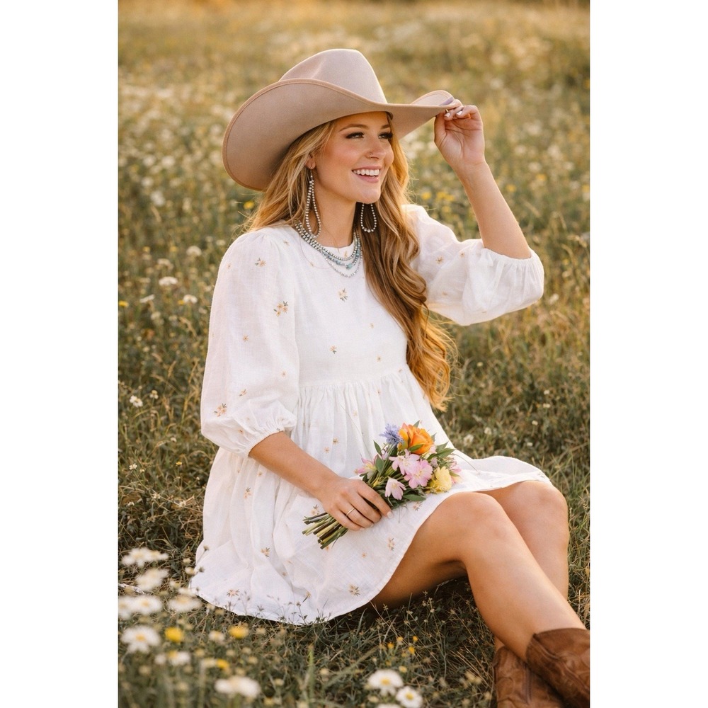 Klesis White Embroidered Babydoll Dress Sz M Western Prairie Cottagecore